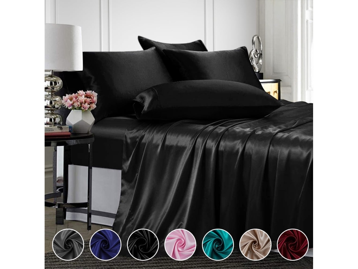 MEOIRUERY Set de lámina de satén tamaño queen, seda de cama de satén suave y sedosa con lámina plana y fundas de almohada de bolsillo profundo, lujoso y cómodo 