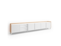 Mueble Tv, Televisión, 309x35x61cm, Para Tv Hasta 80", Diseño Industrial, Led, Blanco Y Roble Soft