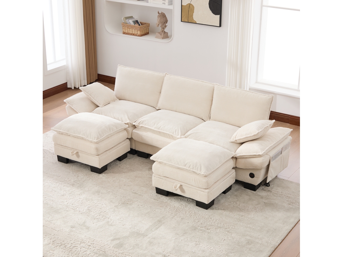Sofá Modular 3 Plazas De Pana Con 2 Otomanas, Usb-c, Bolsillos, Beige