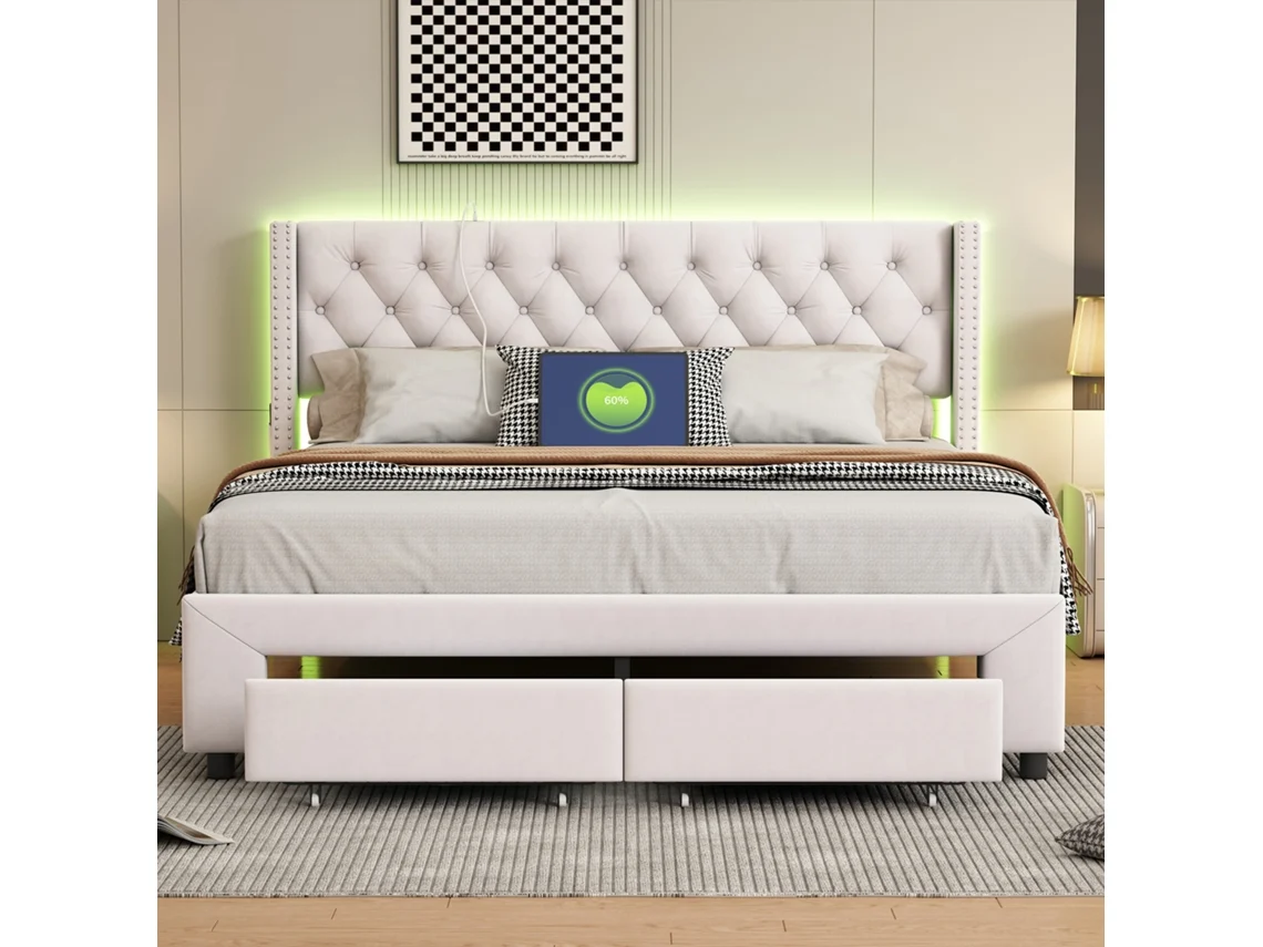 Cama Matrimonial Con Cajones Y Luces | 160x200 Cm | Cama De Lujo Tapizada Con Almacenaje, Usb Y Cabecero Elegante | Tela De Terciopelo Blanca