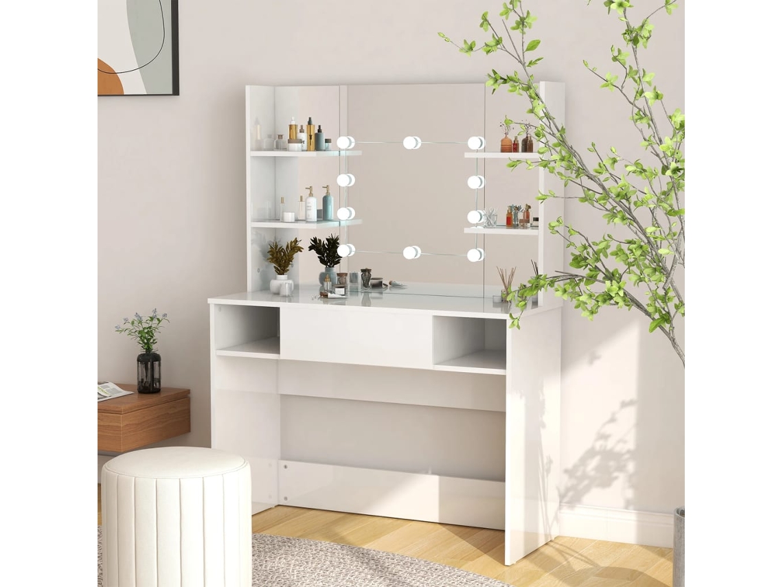 Tocador - Mesa de maquillaje con LED 100x40x135 cm MDF blanco brillante HARLANV1