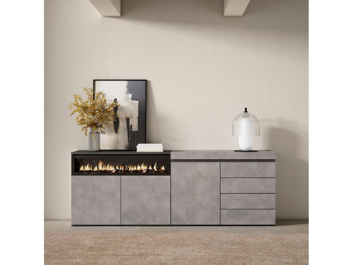 Aparador, 207x75x35 cm, Dormitorio, habitación, Chimenea eléctrica, Cómoda, Cajonera, Cemento SKRAUT HOME