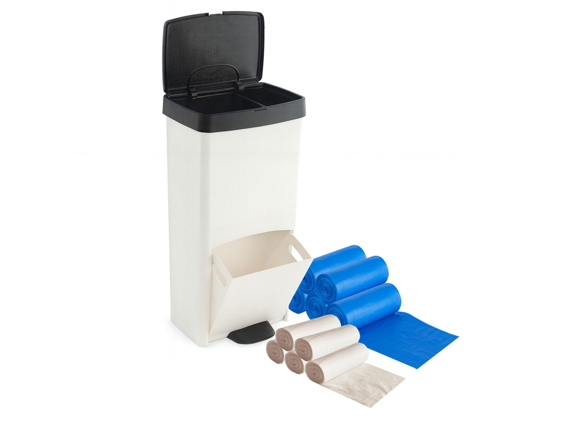 Basurero vertical de 70 litros con 2 compartimentos, incluye bolsas de basura. Soluciones de limpieza Sp Berner.