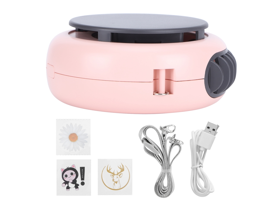 Ventilador de cuello portátil rosa con 3 velocidades y efecto refrescante.