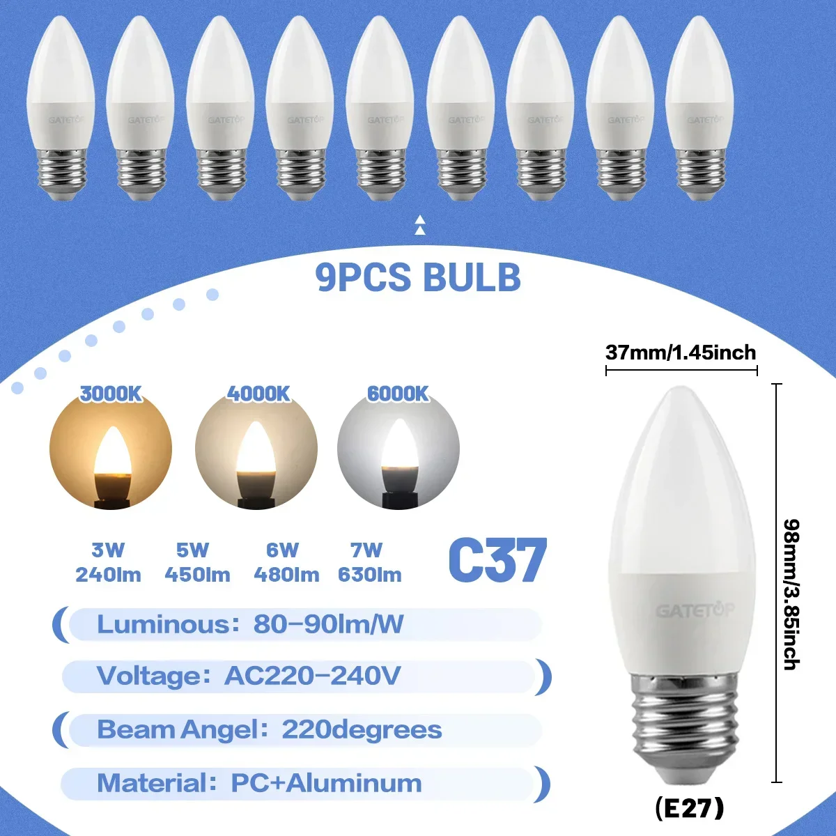 (9 Bombillas Led Tipo Vela, Blanco Cálido 3000k) E27, Aptas Para Iluminación Doméstica.