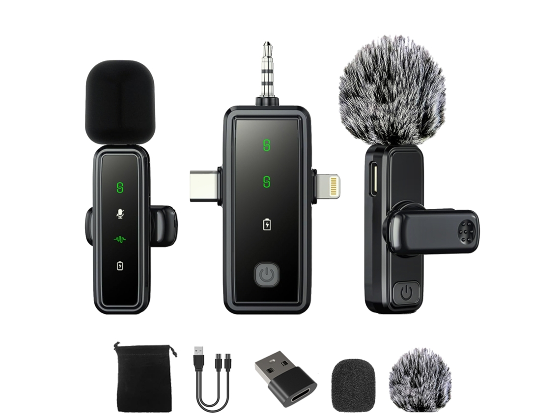 Micrófonos De Solapa Inalámbricos Chrui Micrófono Dual J82 3 En 1, Con Gorro A Prueba De Viento Y Adaptador