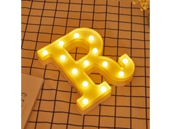 Letra LED R Iluminada con Luz Blanca Cálida, Altura 22cm, Funcionamiento a Pilas 2*AA
