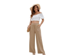2026-pantalones Anchos De Algodón Y Lino Para Mujer Con Cintura Alta Y Bolsillos Verano M Caqui
