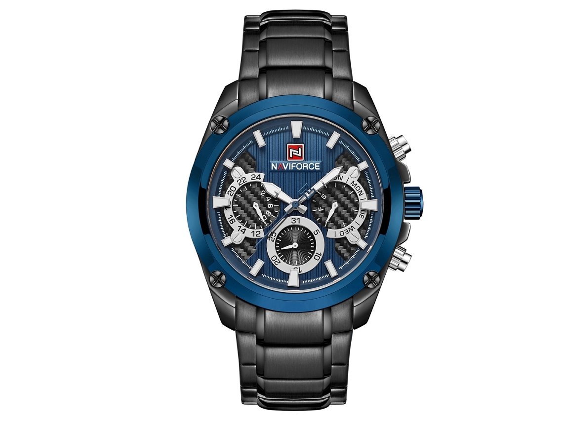 Reloj Naviforce Para Hombre, Brazalete De Acero, Resistente Al Agua Hasta 30 M, Cuarzo, Negro Y Azul.
