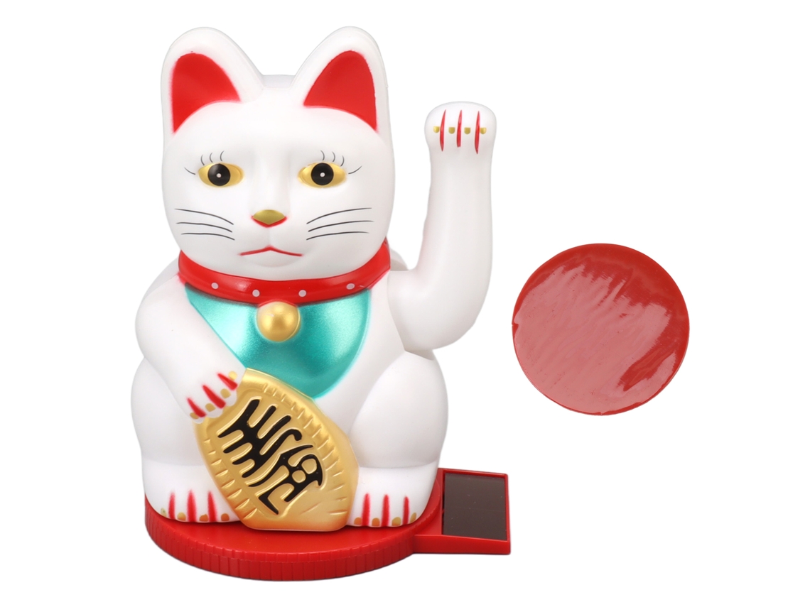 Adorno de gato de la suerte con brazos móviles, de plástico solar de 10 cm con base giratoria, decoración de gato de la suerte para el hogar/hotel, blanco.