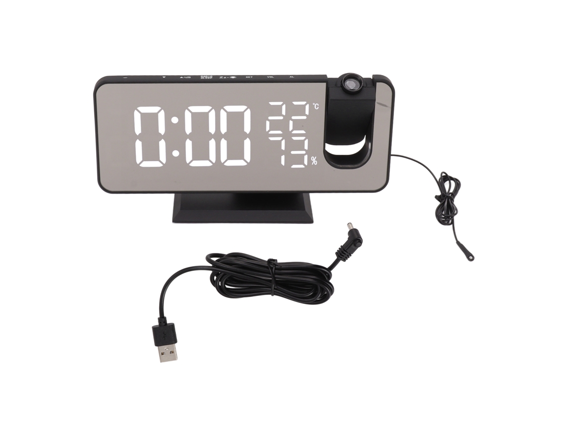Reloj despertador digital LED 2026 con proyección y radio FM para dormitorio, carcasa negra con letras blancas.