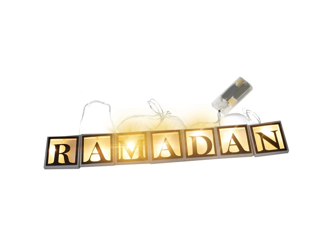 Decoración con luces LED para Ramadán 2026 con letras de madera huecas para el hogar. Eid Mubarak.