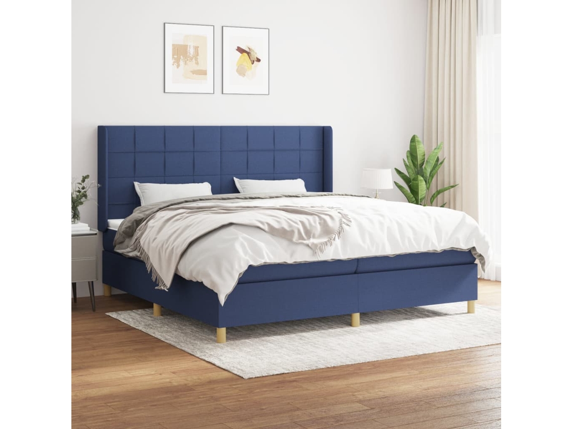 Cama Box Spring Con Colchón Tela Azul 200x200 Cm