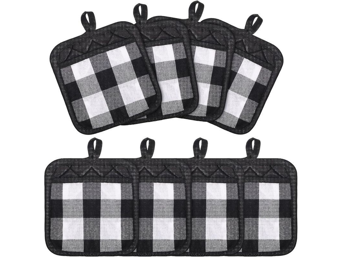 2026-33138-8 Fundas Antiquemadera De Cuadros Buffalo Con Bolsillo, Alfombrillas Calientes Clásicas De Estilo Rural (blanco Negro)