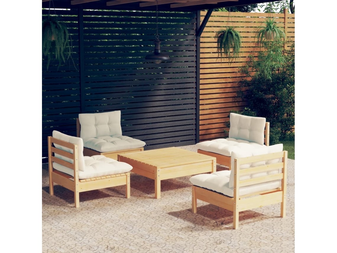 Pcs Conjunto Lounge Jardim C/ Almofadões Cor Creme Pinho Dkd Home Decor