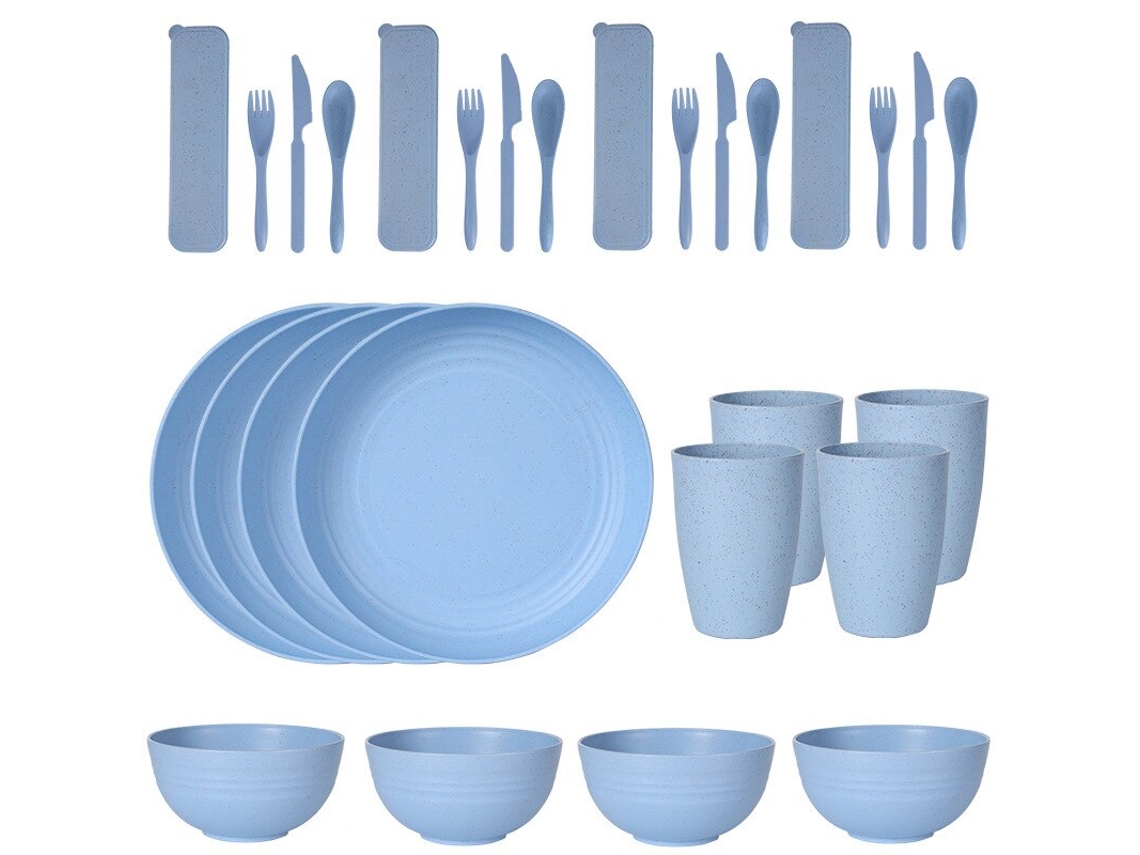 (azul) Juego De Cubiertos De Plástico De 24 Piezas, Que Incluye Platos, Vasos, Cucharas Y Cuchillos.