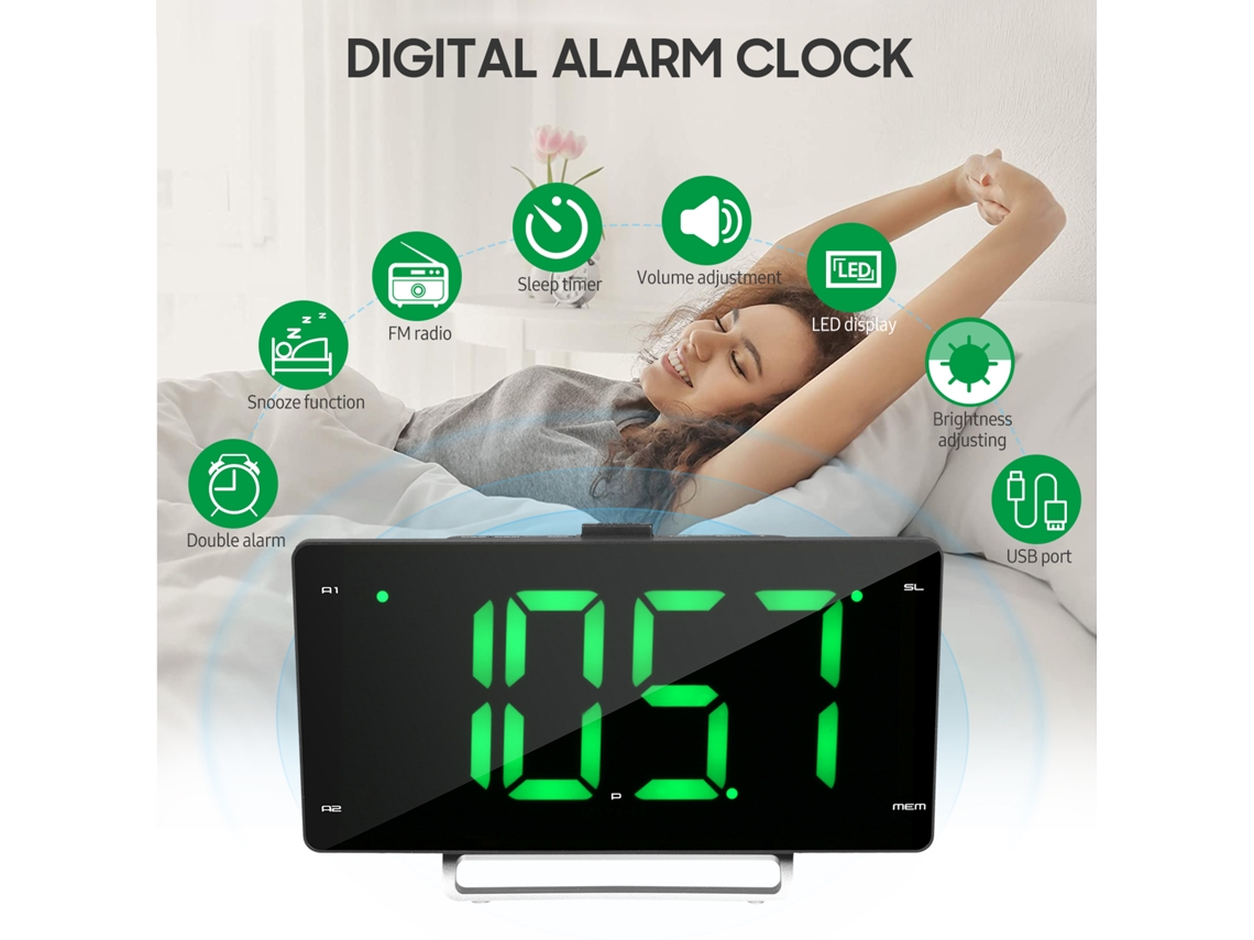 Reloj Despertador Digital Con Radio Fm, Doble Alarma, 2 Puertos Usb Y Pantalla Led De 9 Pulgadas.