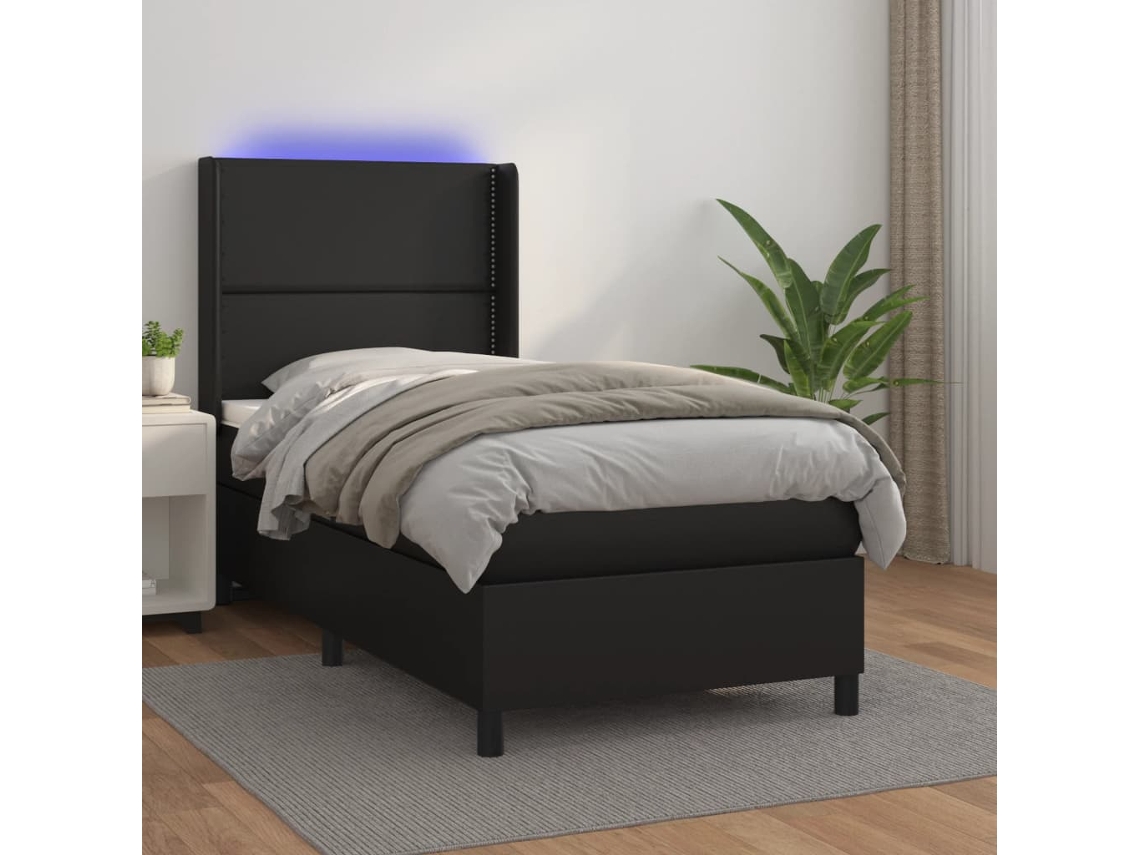 Cama Box Spring Y Colchón Led Cuero Sintético Negro 90x190 Cm