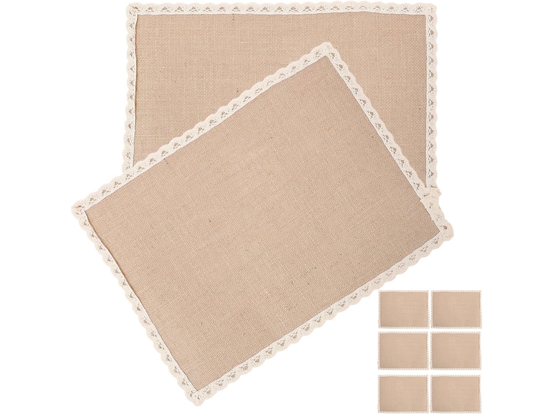 Manteles Individuales De Yute Tejido Con Ribete De Encaje, Juego De 8 Manteles Individuales Rectangulares De 30x40 Cm.