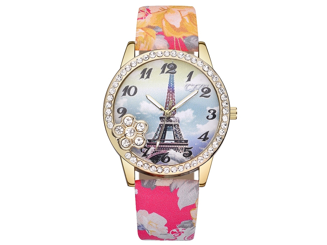 Reloj De Pulsera Para Mujer Vansvar Con Pedrería Y Estampado Floral Sobre Piel Sintética Roja.