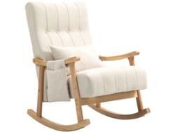 Sillón mecedora reclinable tapizado en color beige con bolsillo lateral.