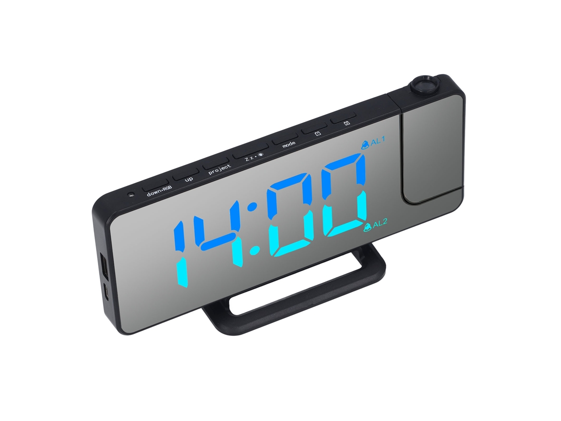 Reloj Despertador Proyección 7.4 Pulgadas Led Espejo Digital Con Luz Rgb Puerto Usb C Cubierta Negra