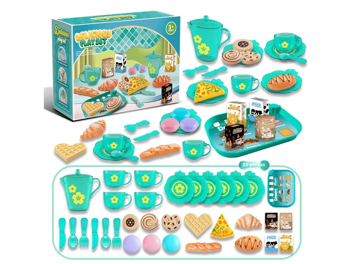 Juego de juguetes para la fiesta del té, de plástico, incluye postres y vajilla. Mdug (verde, 33 piezas)