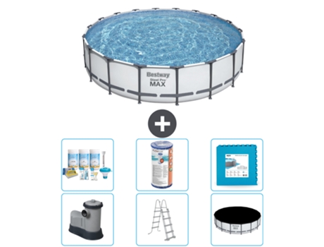 Piscina BESTWAY Round Steel Pro MAX - 549 x 122 cm - Gris - Bomba incluida - Escalera - Cobertor Paquete de mantenimiento - Filtrar - Baldosas