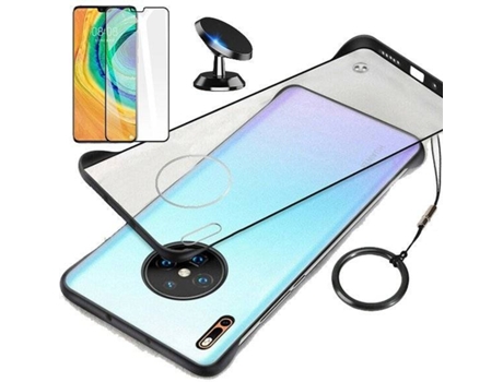 Kit Funda, Soporte y Protector de Cristal Templado Huawei Mate 30 Pro Invisible Bumper Transparente y Negro