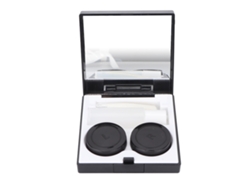 Kit portátil para lentes de contacto con estuche, pinzas y tubo para solución en un diseño compacto y duradero.