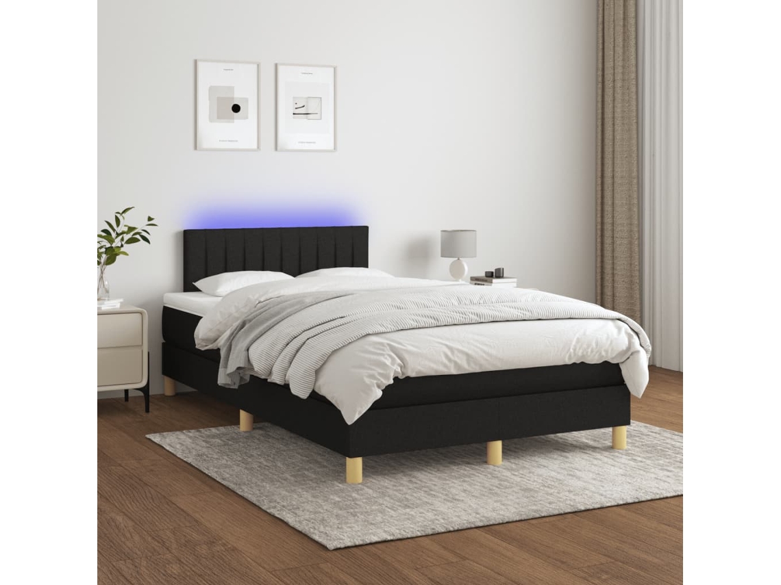 Cama Box Spring Con Colchón Led Tela Negro 120x200 Cm