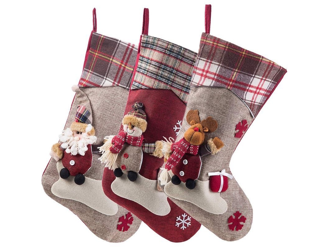 3 Calcetines Navideños Clásicos Grandes Con Personajes Papá Noel, Muñeco De Nieve Y Reno Para Decoración Y Regalos