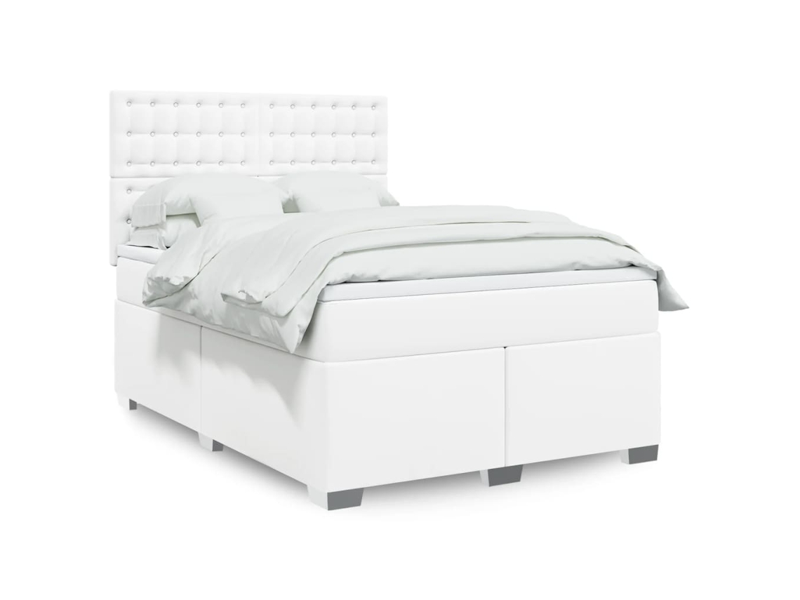 Cama Box Spring Con Colchón Cuero Sintético Blanco 160x200 Cm