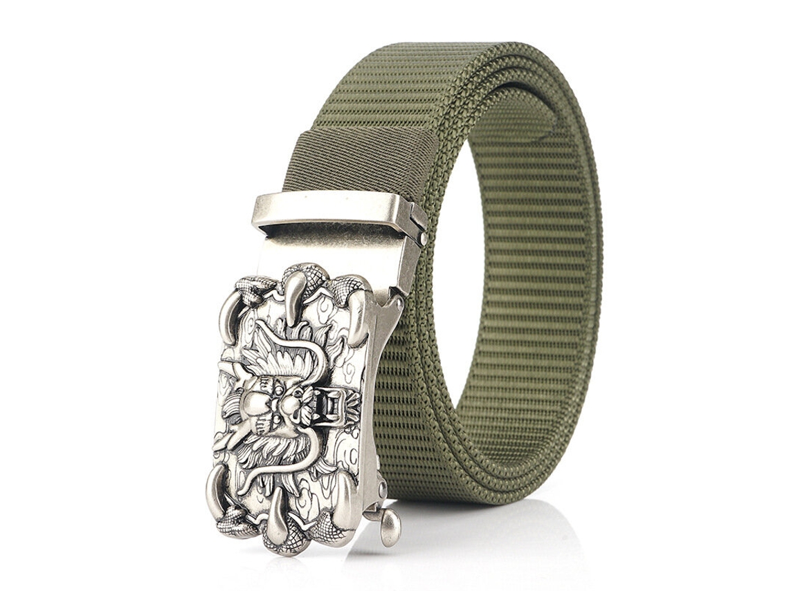 Cinturón Táctico De Nailon De Alta Calidad Para Hombre Zanlure Color Verde Militar Con Hebilla Automática De Aleación Y Diseño De Dragón Sin Dientes