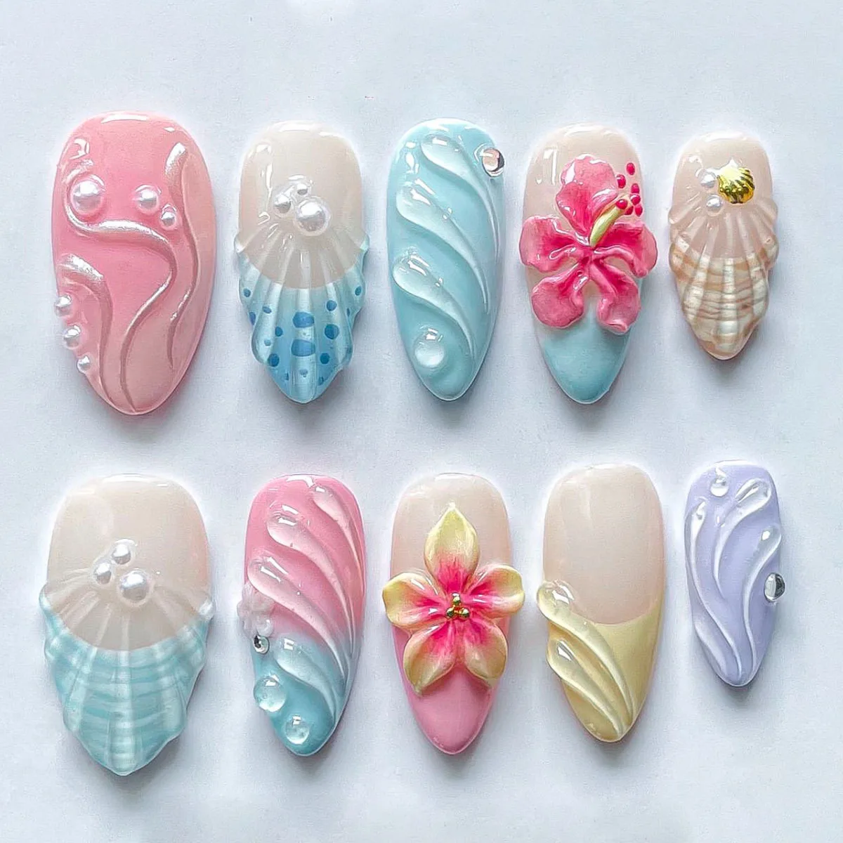 (xm567-xs) Set De 10 Uñas Postizas Hechas A Mano Con Forma De Almendra.