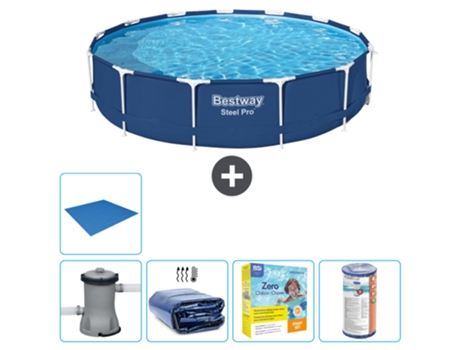Piscina BESTWAY Round Steel Pro - 396 x 84 cm - Azul - Bomba incluida Vela solar - Paquete de mantenimiento - Filtrar - Suelo
