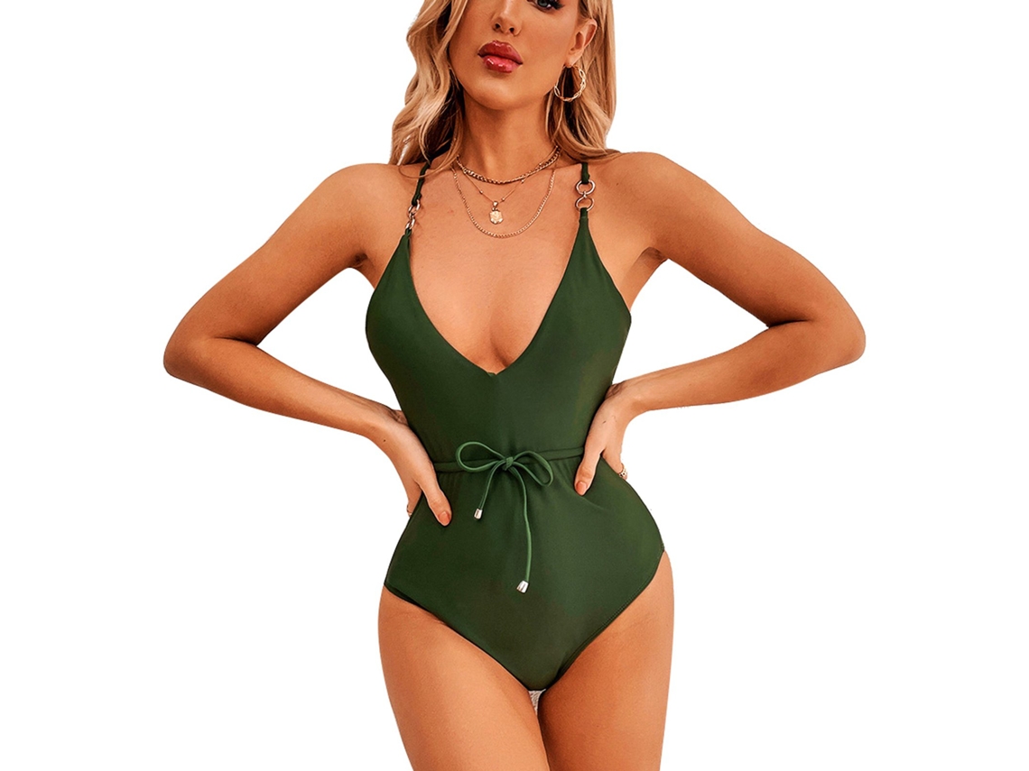 Traje de baño verde claro, escote en V profundo, sin espalda, tirantes ajustables, talla XL