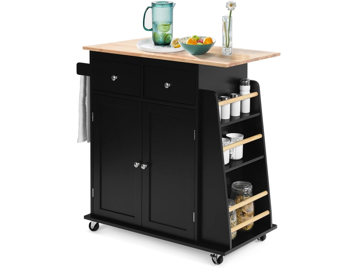 Isla de Cocina con Estante Lateral, Carro de Cocina, 2 Cajones y 2 Puertas, Estante Ajustable, Toallero, Carrito de Servicio de Cocina COSTWAY