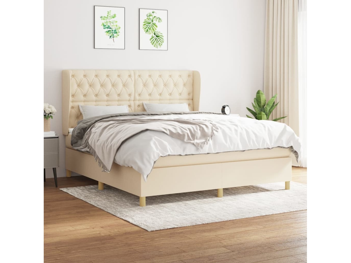 Cama Box Spring Con Colchón Tela Color Crema 160x200 Cm