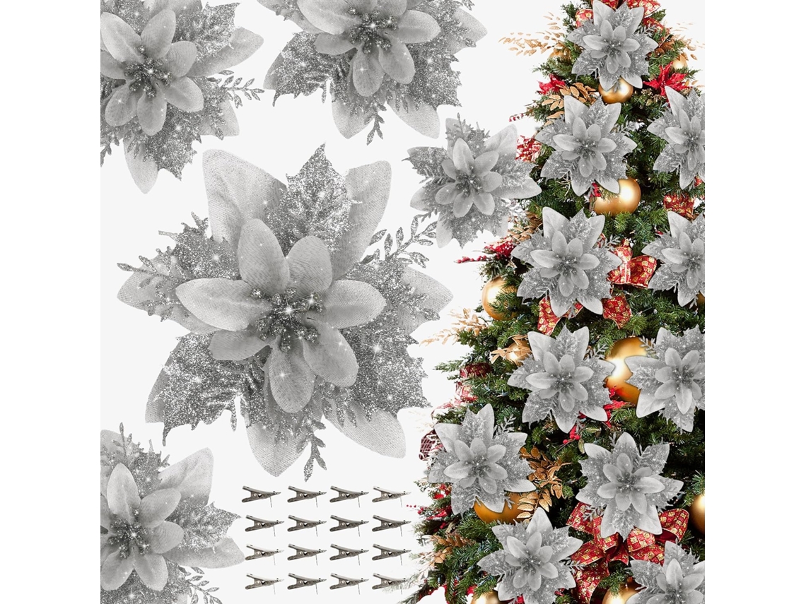 16 adornos navideños con flores artificiales de nochebuena plateadas y pinzas para árbol y corona