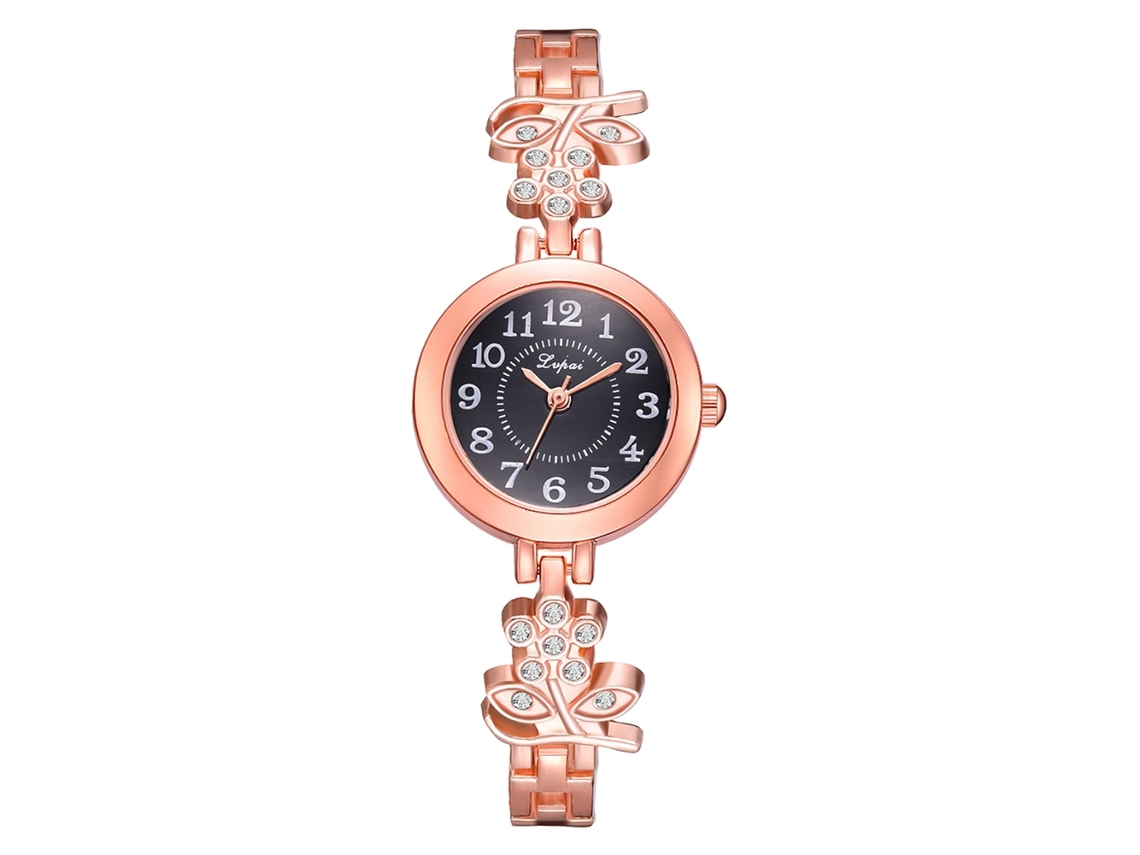 Reloj De Pulsera De Aleación Para Mujer Con Cadena, Movimiento De Cuarzo Analógico, Esfera Redonda, Diseño En Oro Y Negro.