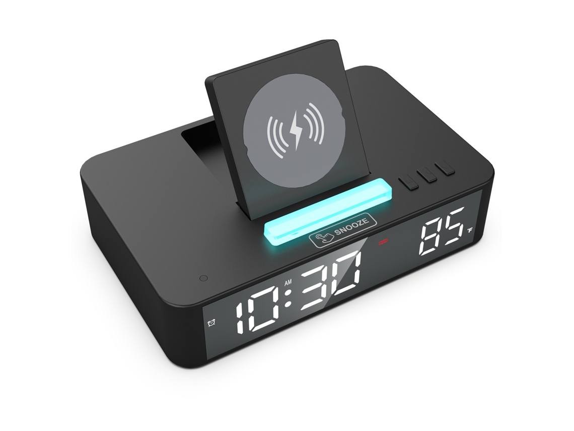 Reloj despertador digital LED Baok-Espejo con luz ambiental RGB, carga inalámbrica de 10 W, sensor de temperatura y función de repetición de alarma para iPhone y Android.