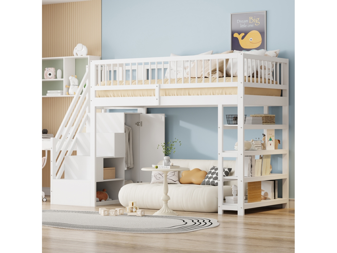 Cama Alta Infantil De 90x200 Con Armario Blanco.