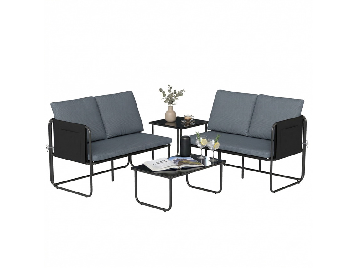 Conjunto Jardín Exterior 4 Piezas, Sofás, Mesas, Cojines, 113x64x71cm, Gris