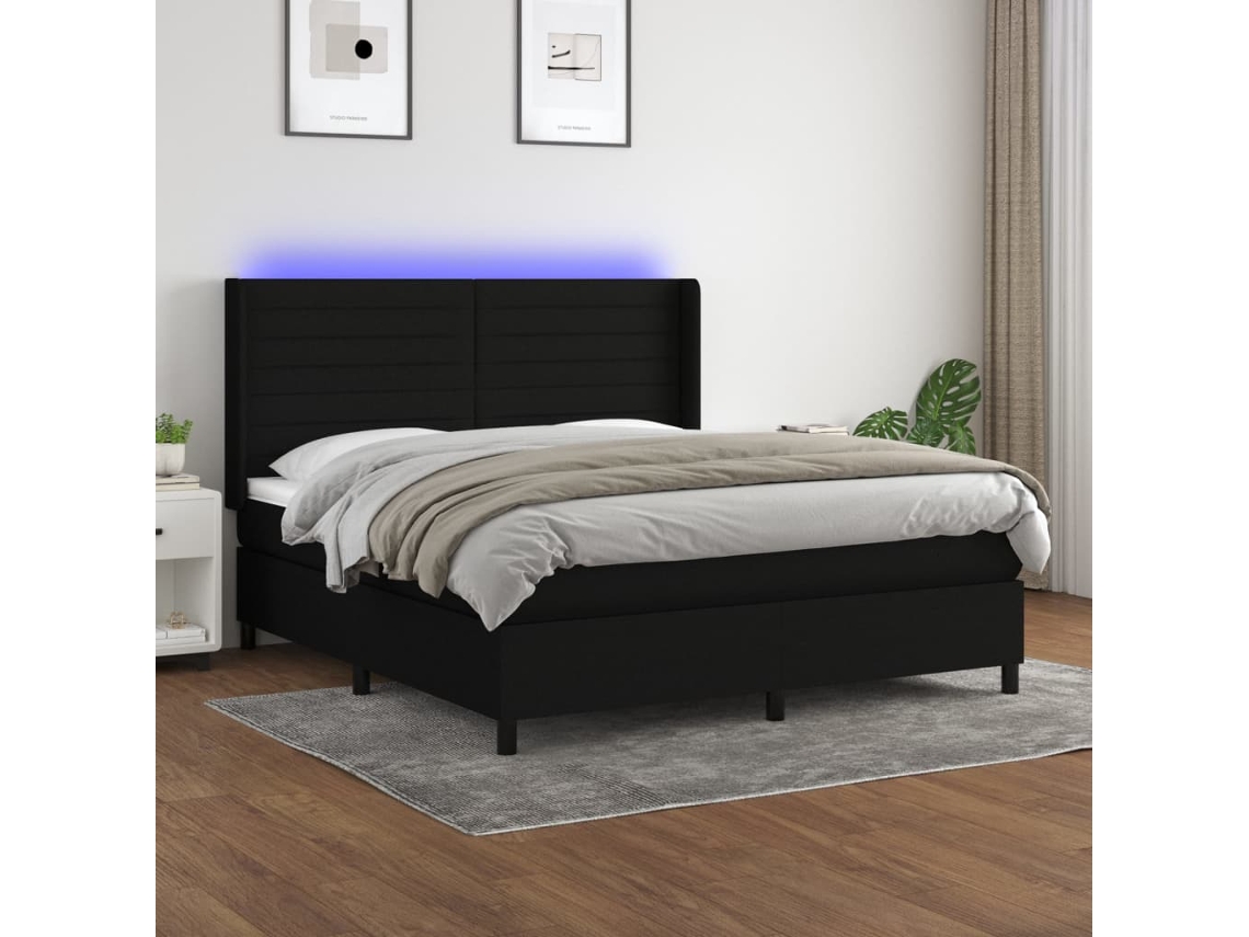 Cama Box Spring Colchón Y Luces Led Tela Negro 180x200 Cm
