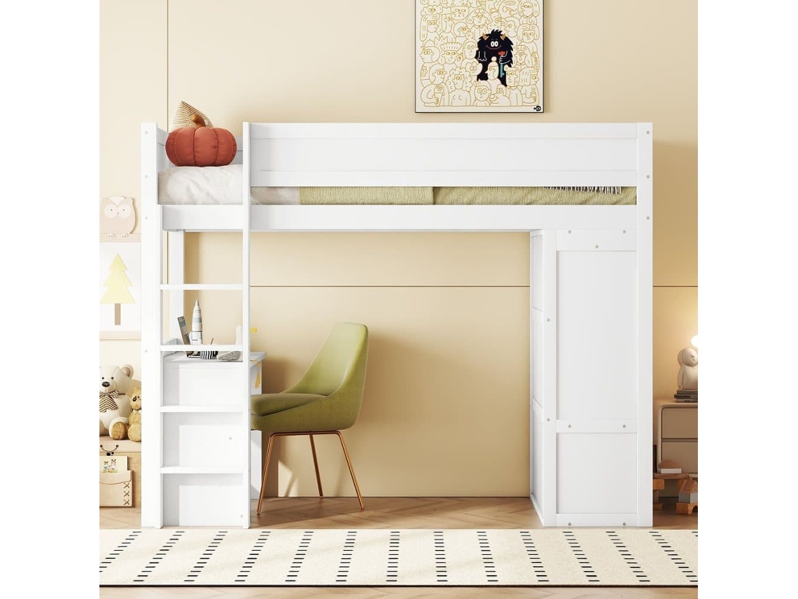 Cama Entresuelo 90x200 Cm - Cama Infantil Multifuncional - Equipada Con Armario Y Escritorio - De Pino Macizo - Blanco