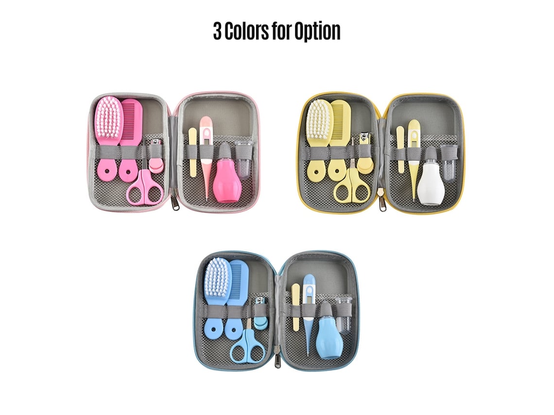 Kit De Cuidados Com Bebê 8 Em 1 Com Estojo Rosa Amarelo Azul Segurança E Portátil