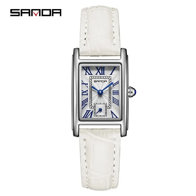 Reloj MDUG para mujer con esfera rectangular, movimiento de cuarzo, resistente al agua y correa blanca.