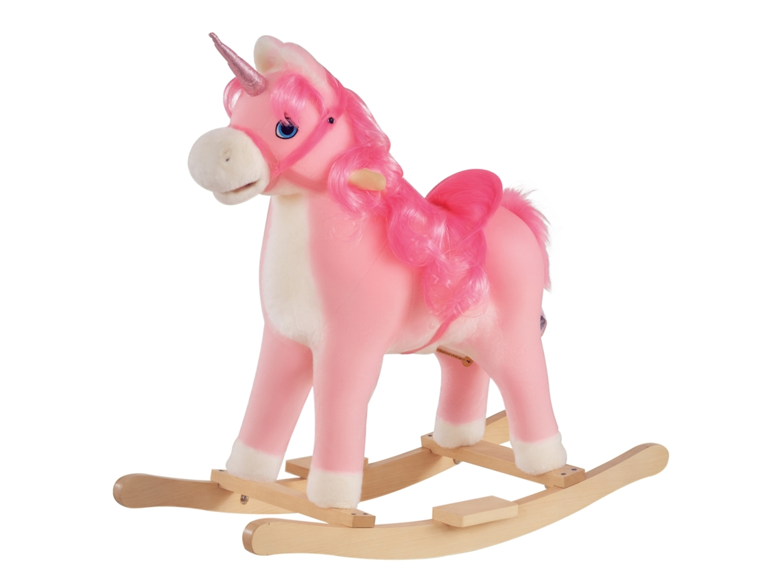 Caballito balancín para niños de 36 a 72 meses, unicornio balancín con sonidos de madera y peluche rosa, 74x33x62cm