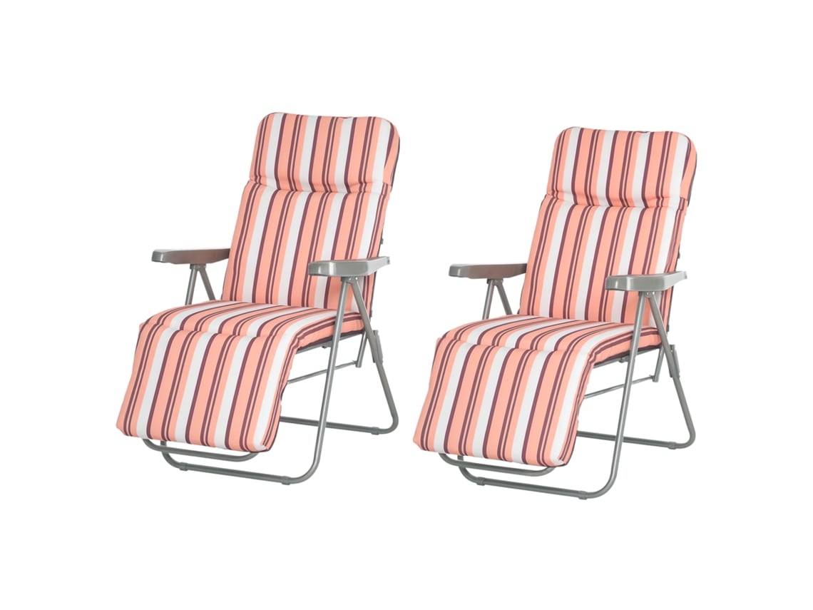 2 Espreguiçadeiras Jardim Dobráveis Aço Almofada Encosto 5 Posições Apoio Pés 60x75x65-102cm Laranja Branco